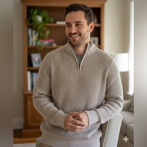 Lands' End Men's Beige and White Striped Quarter Zip-Up Sweater, LIKE NEW, Large